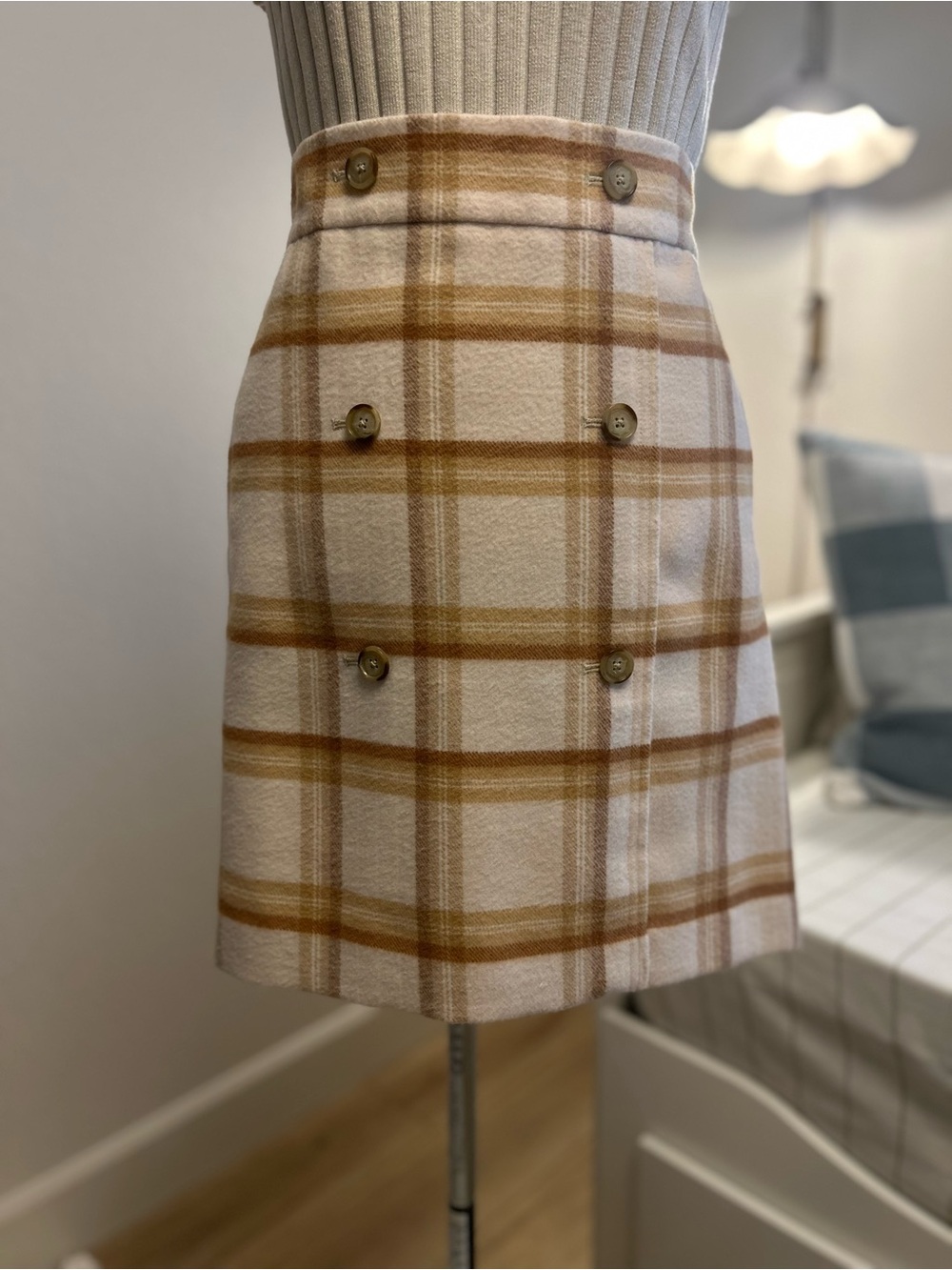 LOFT Cream and Tan Plaid Mini Skirt with Double Button Front